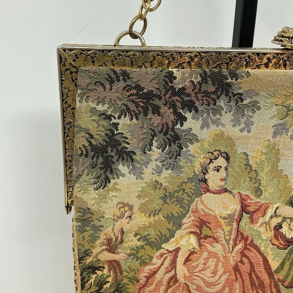 Vintage Delill Tapestry Frame Kisslock Clutch Bag Chain Strap French Rococo 50s
